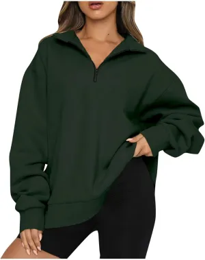 Womens Quarter Zip Trendy Sweatshirts Plain Oversized Long Sleeve Loose Fit Casual Pullover Tops Fall Y2K Clothes
