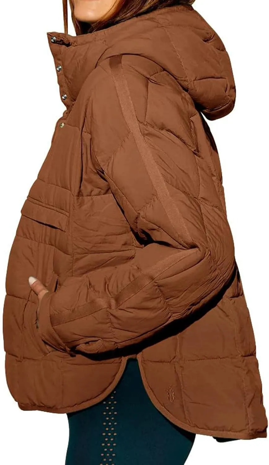 Womens Quilted Pullover Puffer Jacket Oversized Lightweight Hoodies Packable Winter Padded Coat Tops