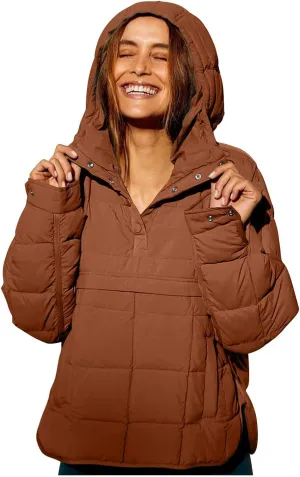 Womens Quilted Pullover Puffer Jacket Oversized Lightweight Hoodies Packable Winter Padded Coat Tops