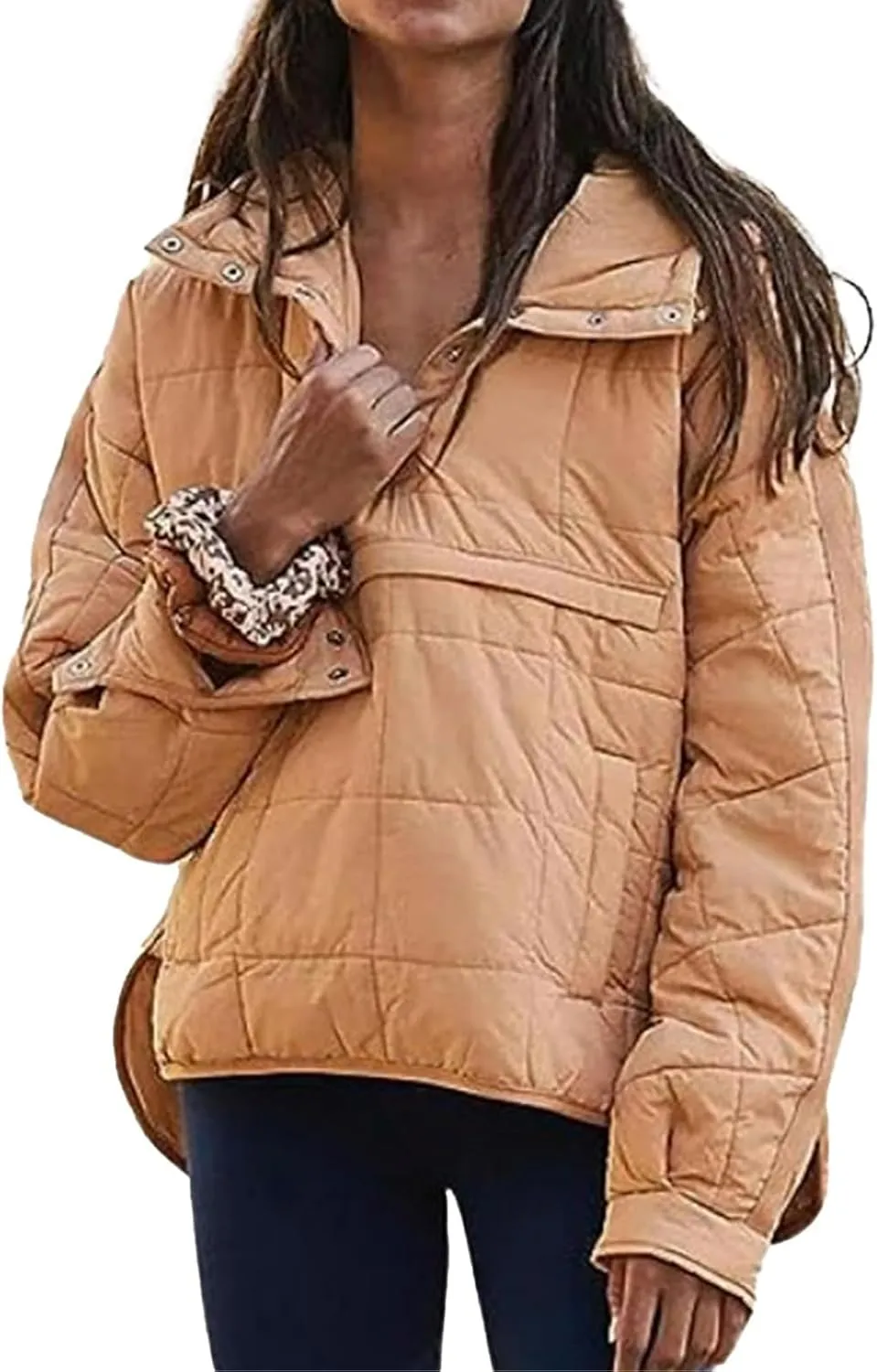 Womens Quilted Pullover Puffer Jacket Oversized Lightweight Hoodies Packable Winter Padded Coat Tops