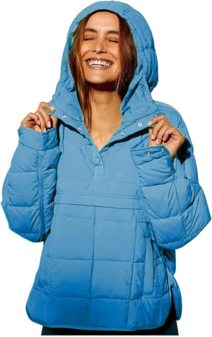 Womens Quilted Pullover Puffer Jacket Oversized Lightweight Hoodies Packable Winter Padded Coat Tops