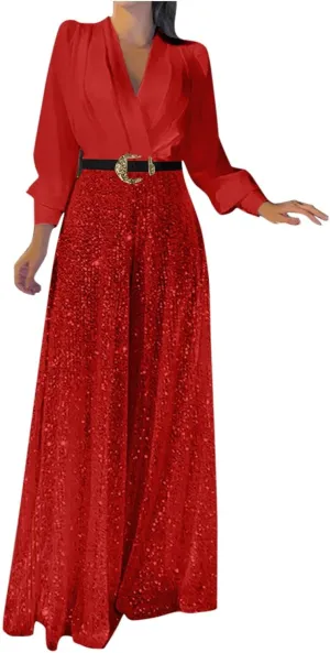 Womens Sequins Jumpsuits Belted High Waisted Wide Leg Trouser Suit Clubwear Long Sleeve V-Neck Party Evening Outfit