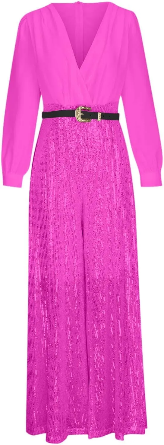 Womens Sequins Jumpsuits Belted High Waisted Wide Leg Trouser Suit Clubwear Long Sleeve V-Neck Party Evening Outfit