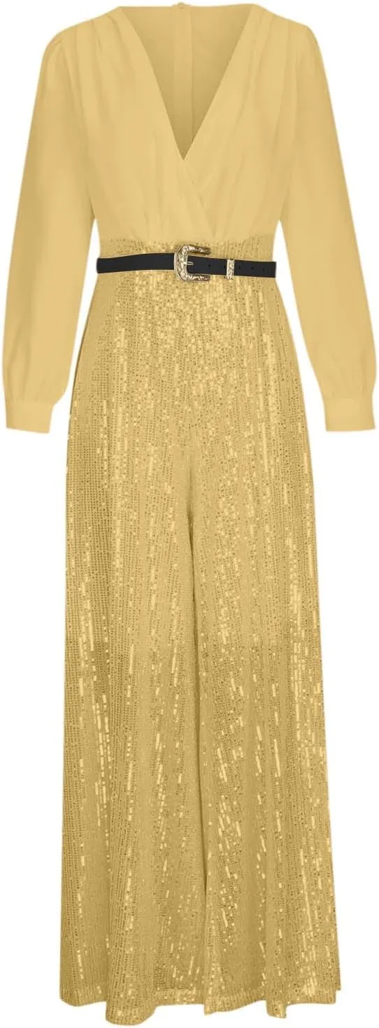 Womens Sequins Jumpsuits Belted High Waisted Wide Leg Trouser Suit Clubwear Long Sleeve V-Neck Party Evening Outfit