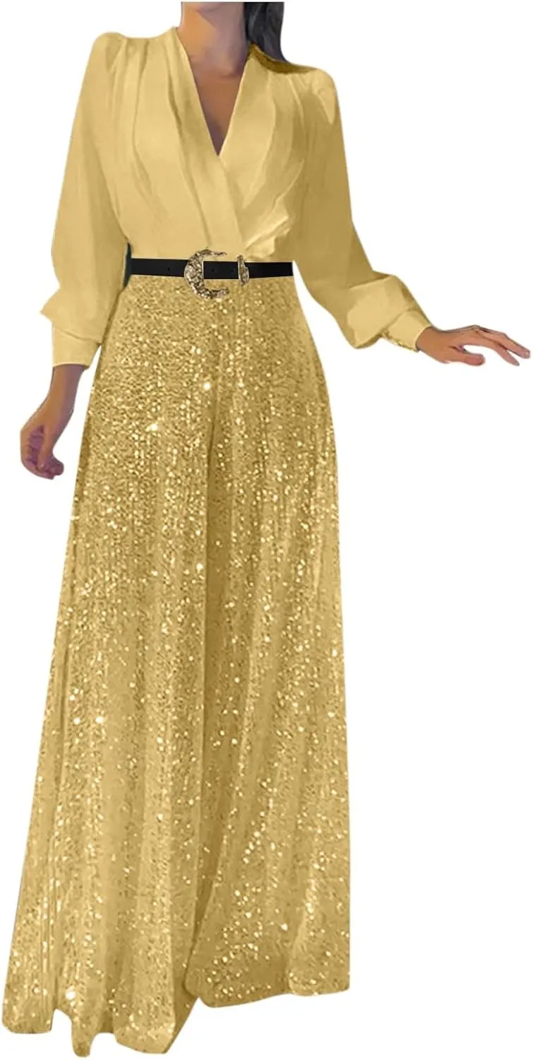 Womens Sequins Jumpsuits Belted High Waisted Wide Leg Trouser Suit Clubwear Long Sleeve V-Neck Party Evening Outfit