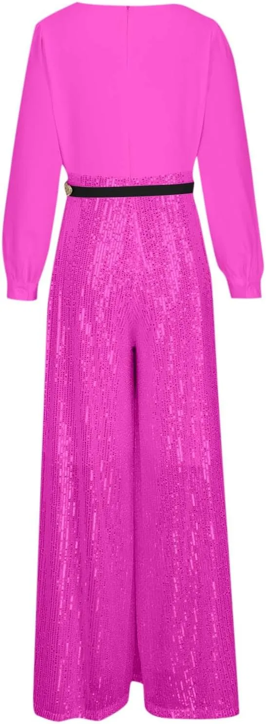 Womens Sequins Jumpsuits Belted High Waisted Wide Leg Trouser Suit Clubwear Long Sleeve V-Neck Party Evening Outfit