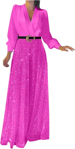 Womens Sequins Jumpsuits Belted High Waisted Wide Leg Trouser Suit Clubwear Long Sleeve V-Neck Party Evening Outfit