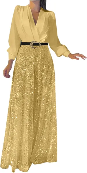 Womens Sequins Jumpsuits Belted High Waisted Wide Leg Trouser Suit Clubwear Long Sleeve V-Neck Party Evening Outfit
