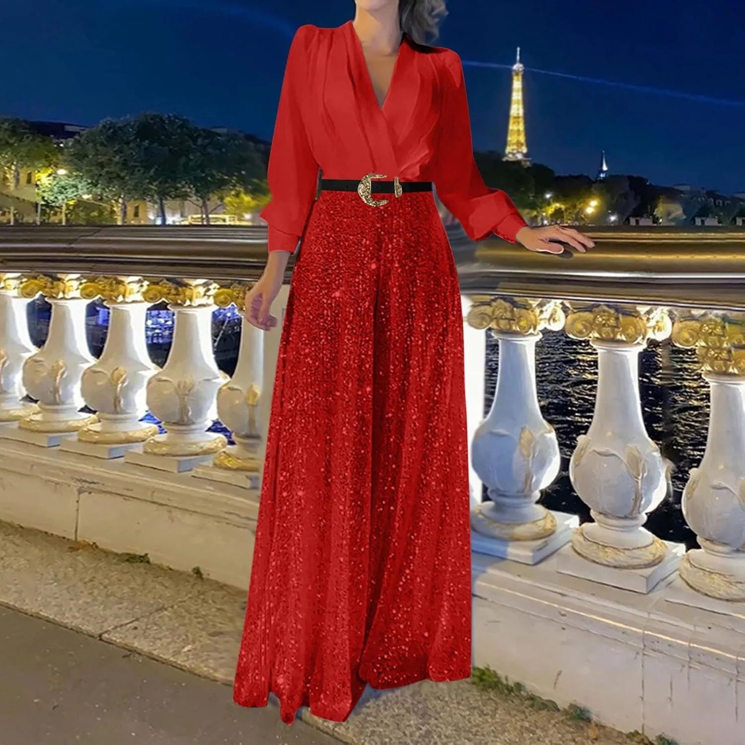 Womens Sequins Jumpsuits Belted High Waisted Wide Leg Trouser Suit Clubwear Long Sleeve V-Neck Party Evening Outfit