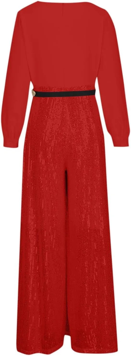 Womens Sequins Jumpsuits Belted High Waisted Wide Leg Trouser Suit Clubwear Long Sleeve V-Neck Party Evening Outfit