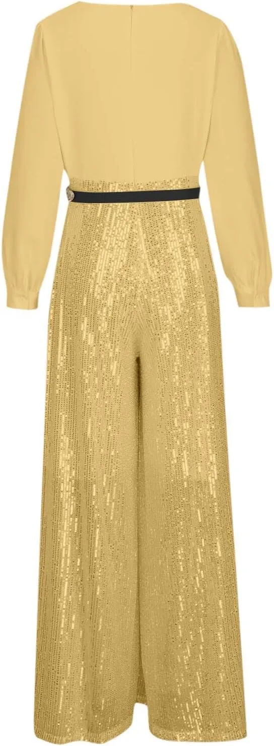 Womens Sequins Jumpsuits Belted High Waisted Wide Leg Trouser Suit Clubwear Long Sleeve V-Neck Party Evening Outfit