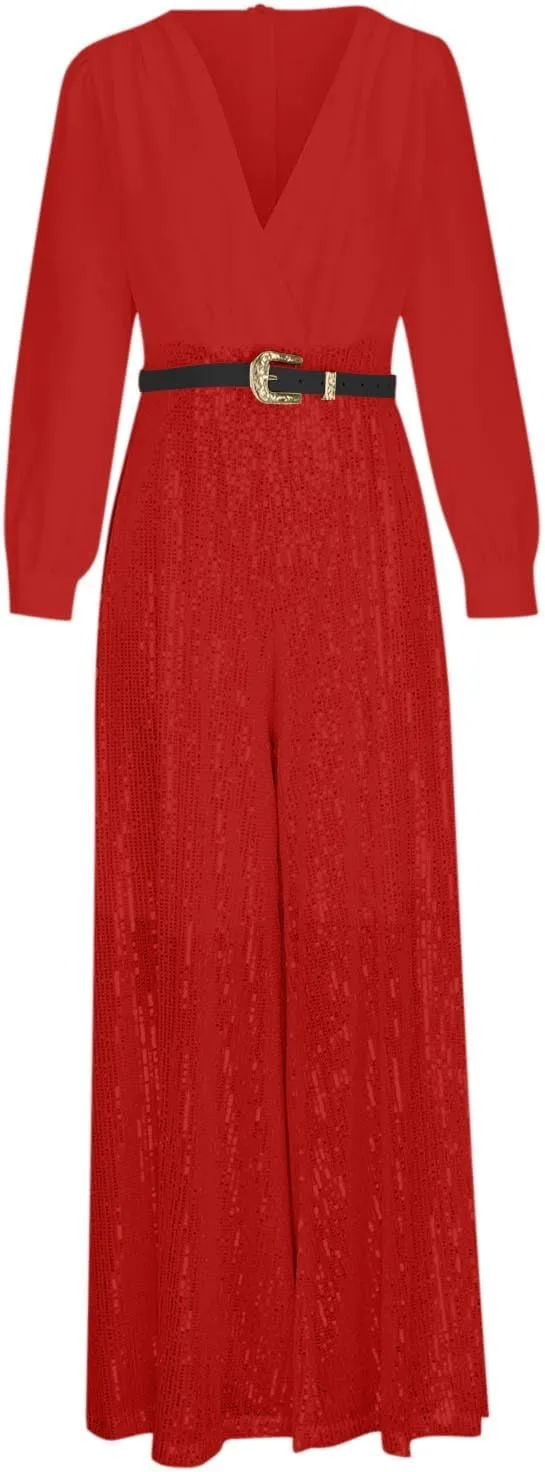 Womens Sequins Jumpsuits Belted High Waisted Wide Leg Trouser Suit Clubwear Long Sleeve V-Neck Party Evening Outfit