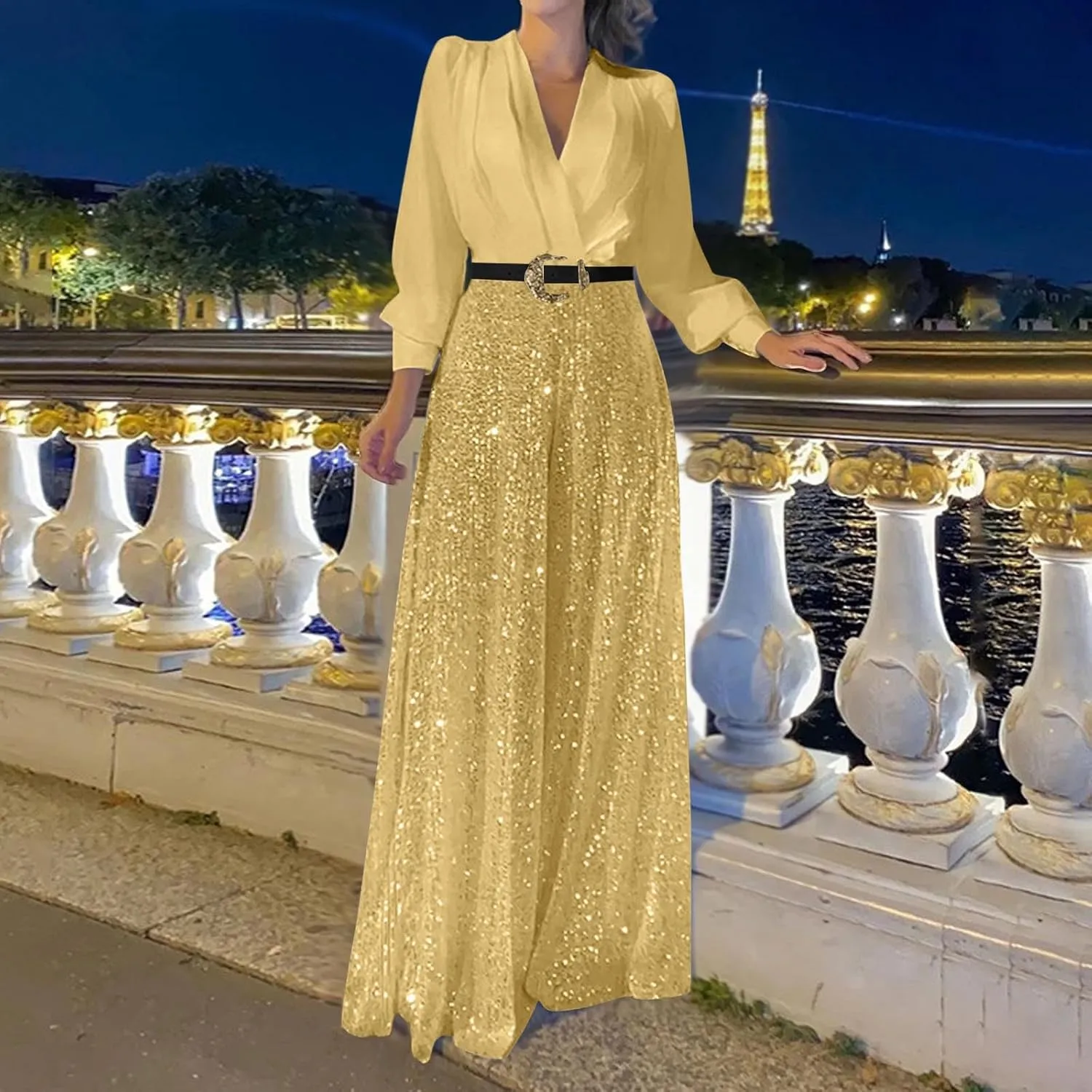Womens Sequins Jumpsuits Belted High Waisted Wide Leg Trouser Suit Clubwear Long Sleeve V-Neck Party Evening Outfit