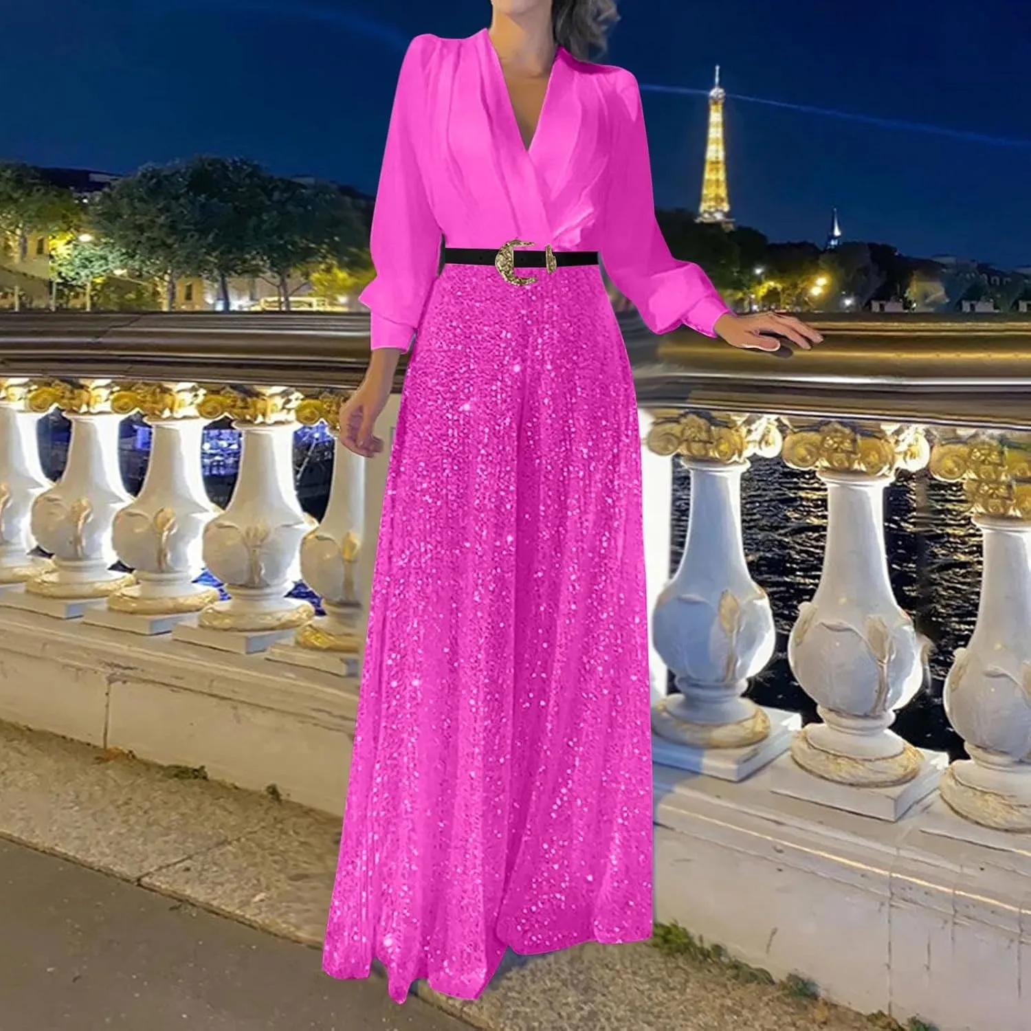 Womens Sequins Jumpsuits Belted High Waisted Wide Leg Trouser Suit Clubwear Long Sleeve V-Neck Party Evening Outfit