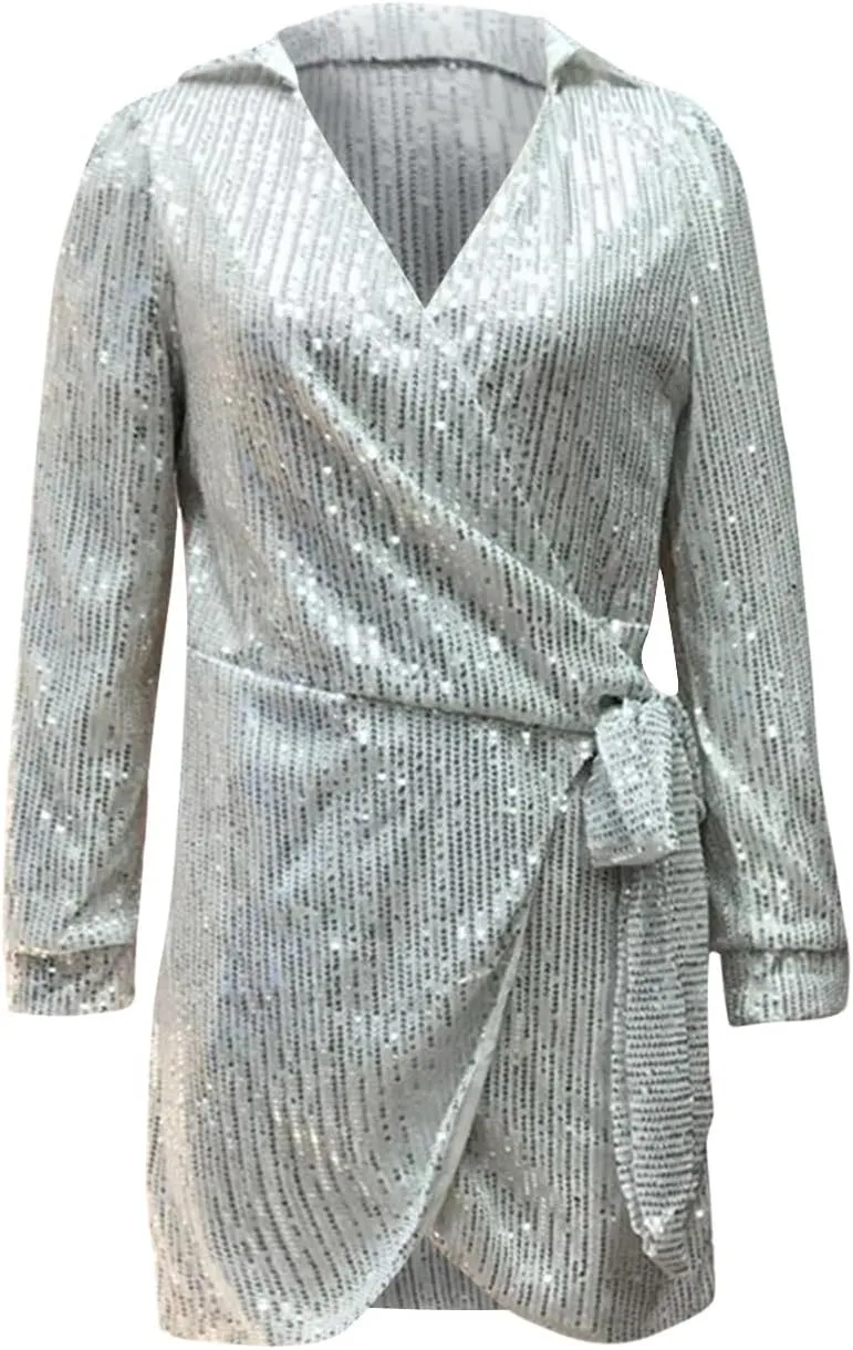 Women's Sexy Trendy Formal V Neck Long Sleeve Dress Sequins Solid Prom Party Cocktail Dresses Plus, S-3XL