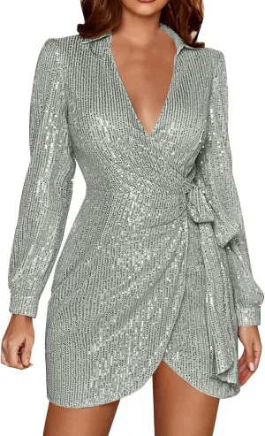 Women's Sexy Trendy Formal V Neck Long Sleeve Dress Sequins Solid Prom Party Cocktail Dresses Plus, S-3XL