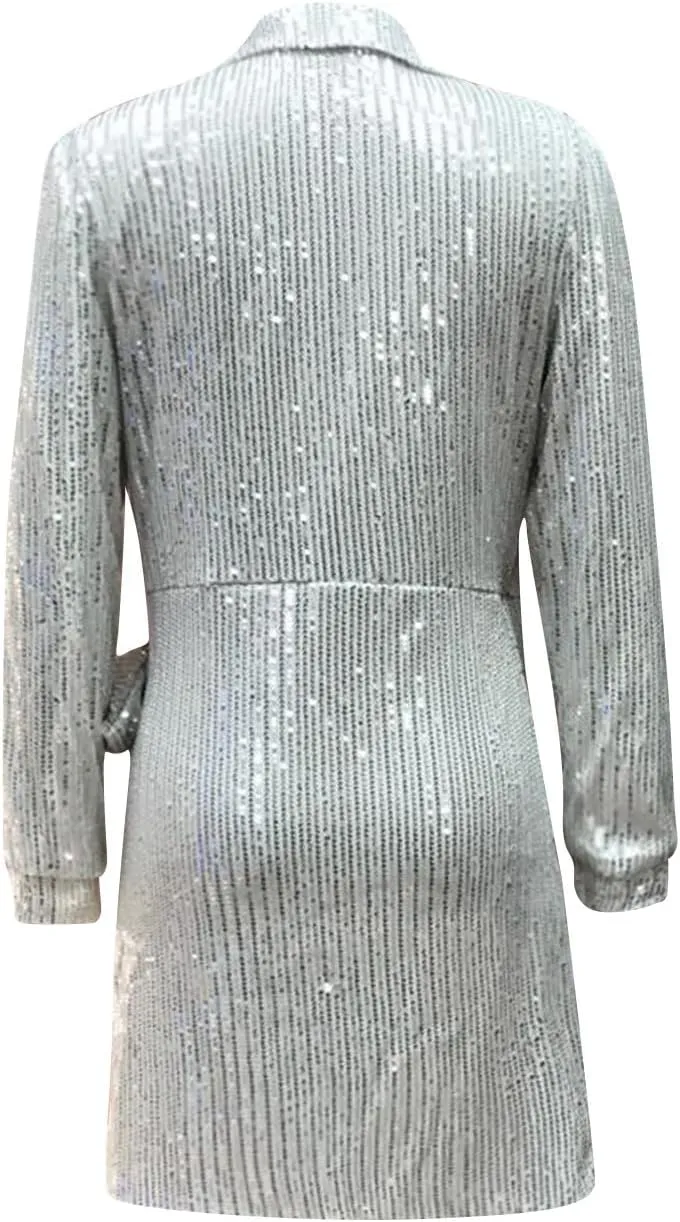 Women's Sexy Trendy Formal V Neck Long Sleeve Dress Sequins Solid Prom Party Cocktail Dresses Plus, S-3XL