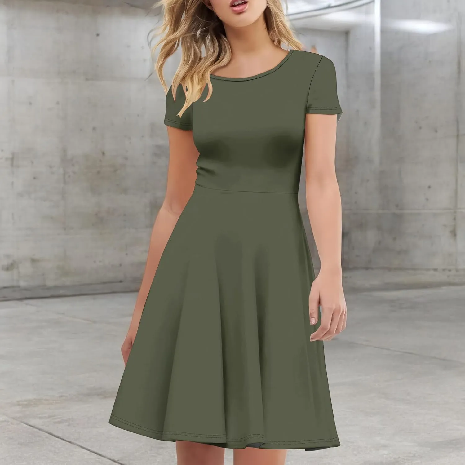 Women's Short Summer Dress Round Neck Short Sleeves Ruffle Hem Party T-Shirt Dress Casual Flowy A-Line Mini Dress