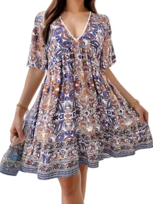 Women's Summer Boho Mini Dress Casual Beach Vacation Sundresses Shorts Sleeves V-Neck Flowy Swing Short Dress
