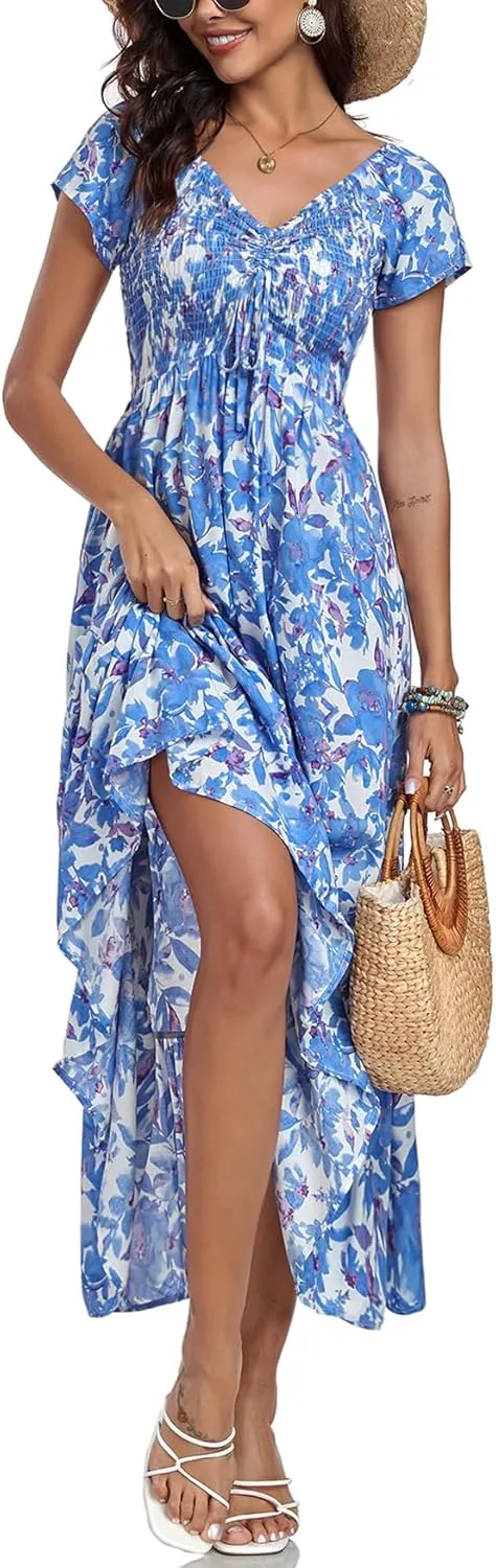 Women's Summer Casual Short Sleeve V Neck Smocked Elastic Waist Tiered Boho Floral Flowy Maxi Dress