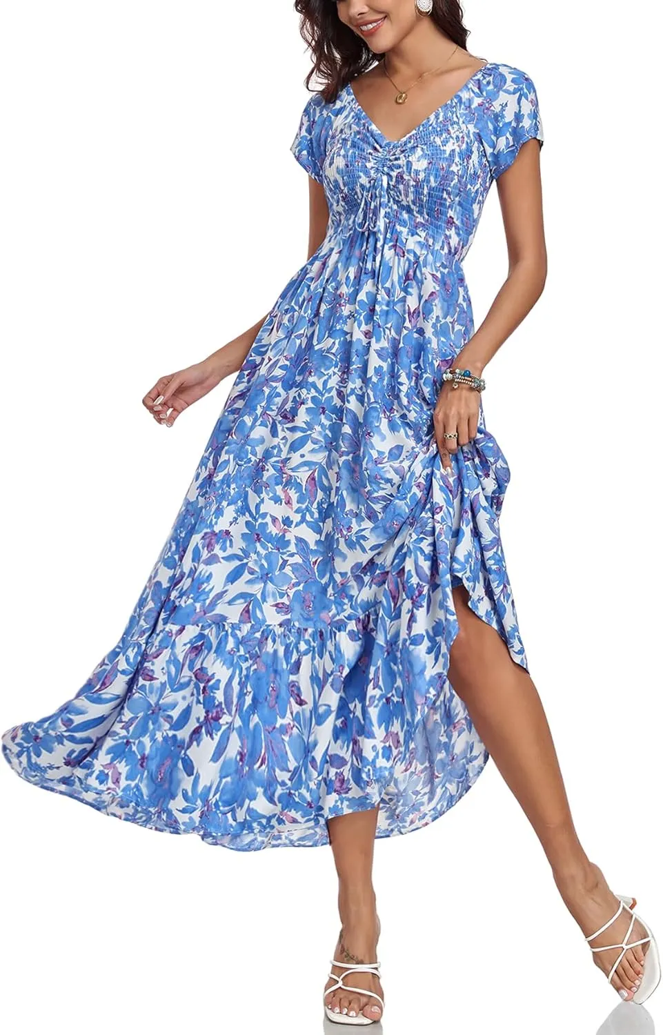 Women's Summer Casual Short Sleeve V Neck Smocked Elastic Waist Tiered Boho Floral Flowy Maxi Dress