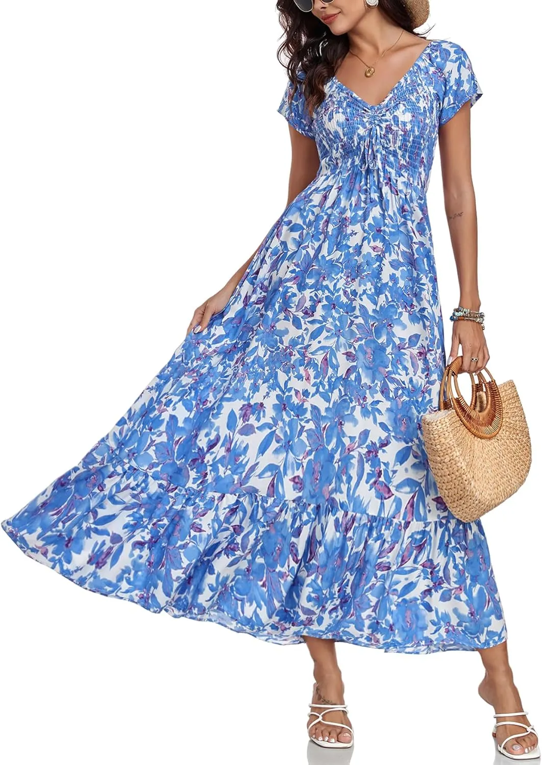 Women's Summer Casual Short Sleeve V Neck Smocked Elastic Waist Tiered Boho Floral Flowy Maxi Dress