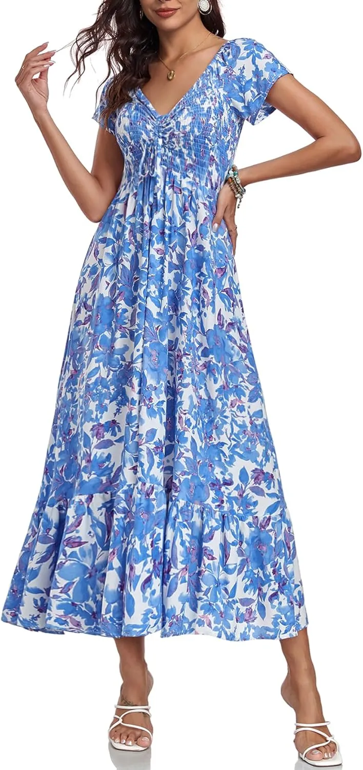 Women's Summer Casual Short Sleeve V Neck Smocked Elastic Waist Tiered Boho Floral Flowy Maxi Dress