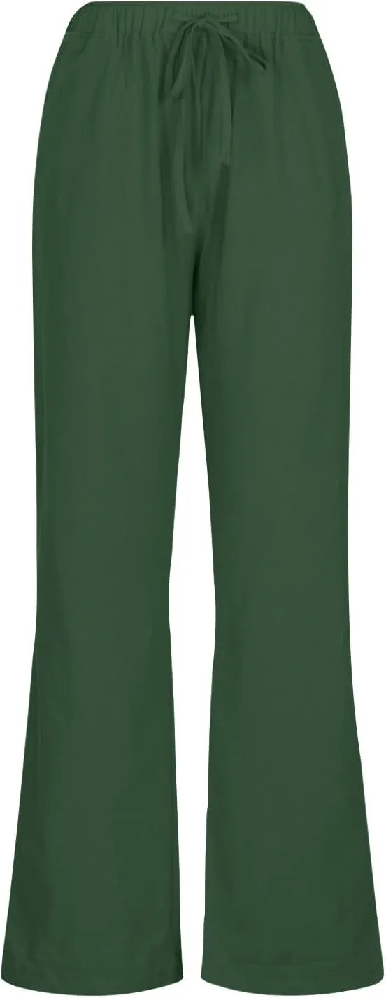 Womens Summer Cotton Pants Dressy Casual High Waisted Drawstring Lounge Trousers Loose Wide Legged Flwoy Beach Pant