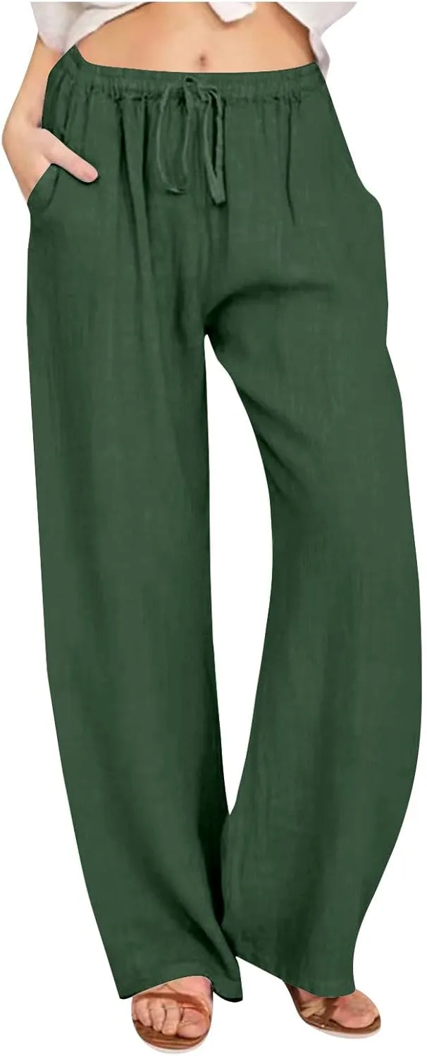 Womens Summer Cotton Pants Dressy Casual High Waisted Drawstring Lounge Trousers Loose Wide Legged Flwoy Beach Pant