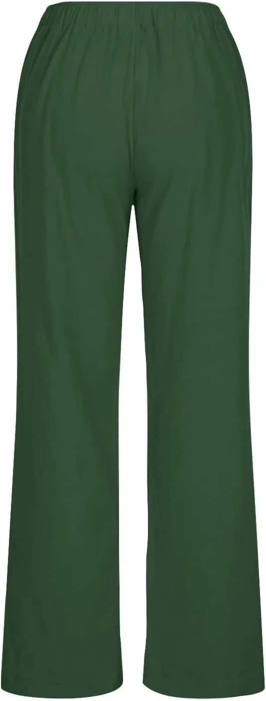 Womens Summer Cotton Pants Dressy Casual High Waisted Drawstring Lounge Trousers Loose Wide Legged Flwoy Beach Pant