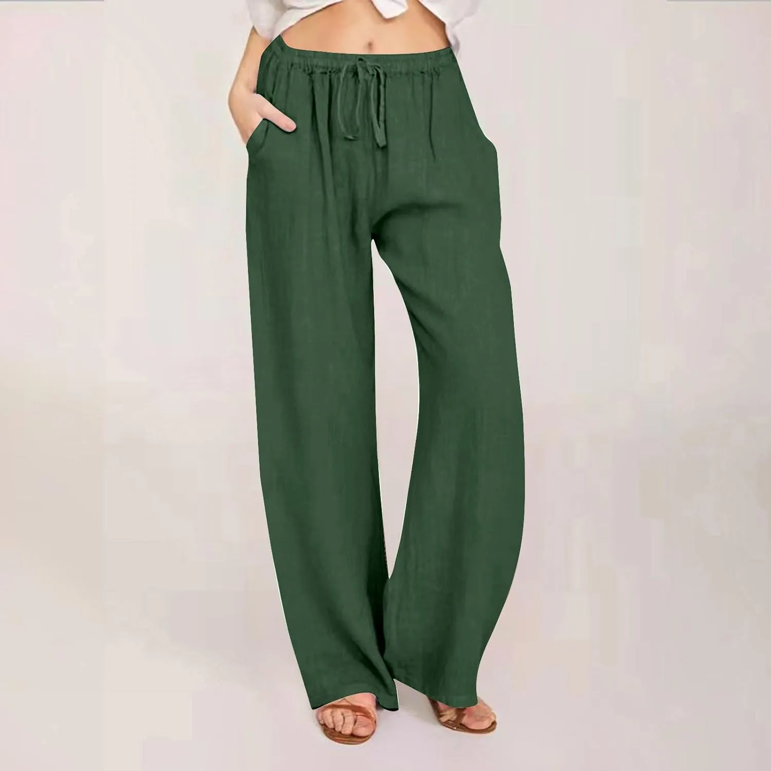 Womens Summer Cotton Pants Dressy Casual High Waisted Drawstring Lounge Trousers Loose Wide Legged Flwoy Beach Pant
