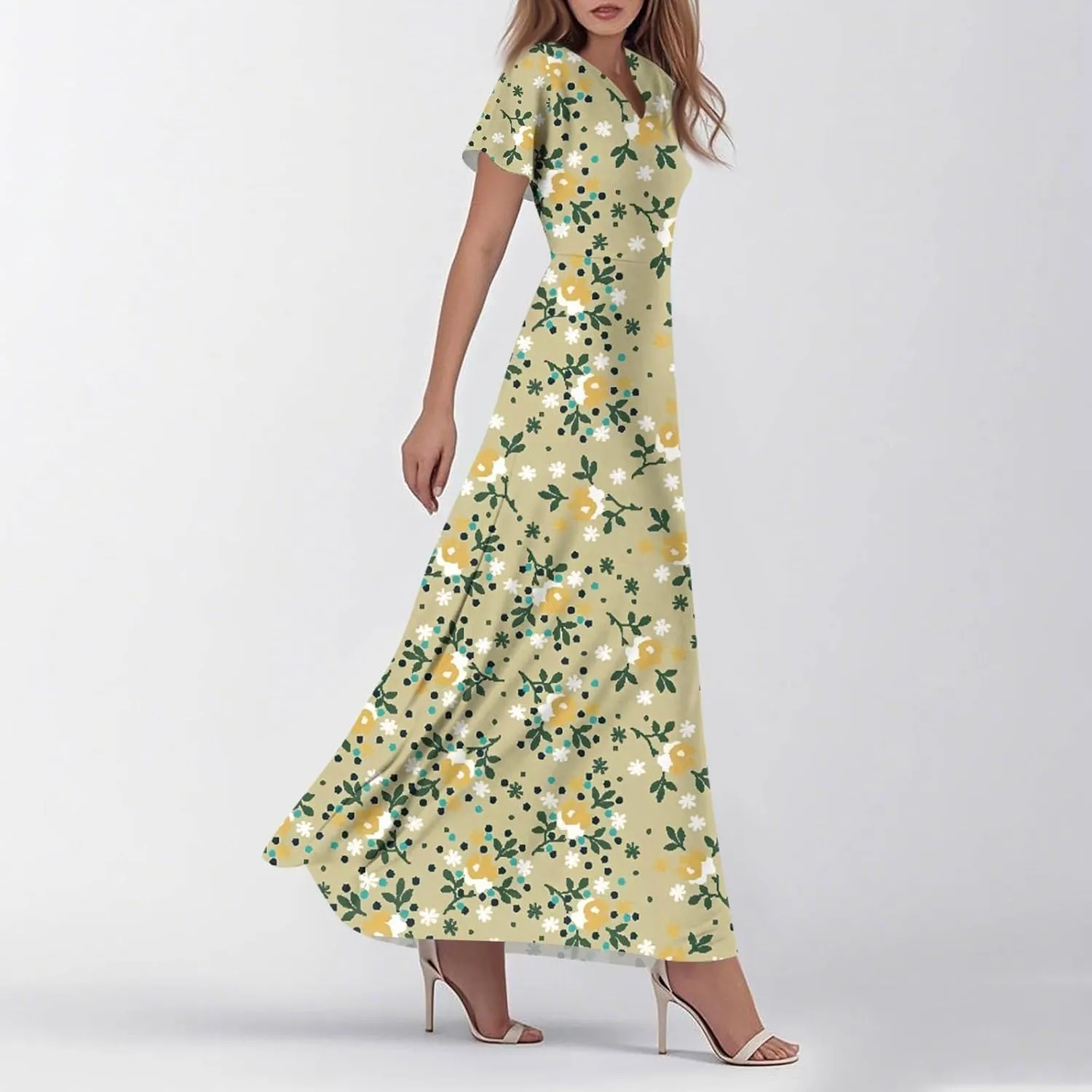 Women's Summer Dress 2025 Short Sleeve V-Neck Boho Floral Printed Flowy Swing Sundress Wedding Guest Dresses