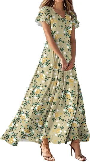 Women's Summer Dress 2025 Short Sleeve V-Neck Boho Floral Printed Flowy Swing Sundress Wedding Guest Dresses