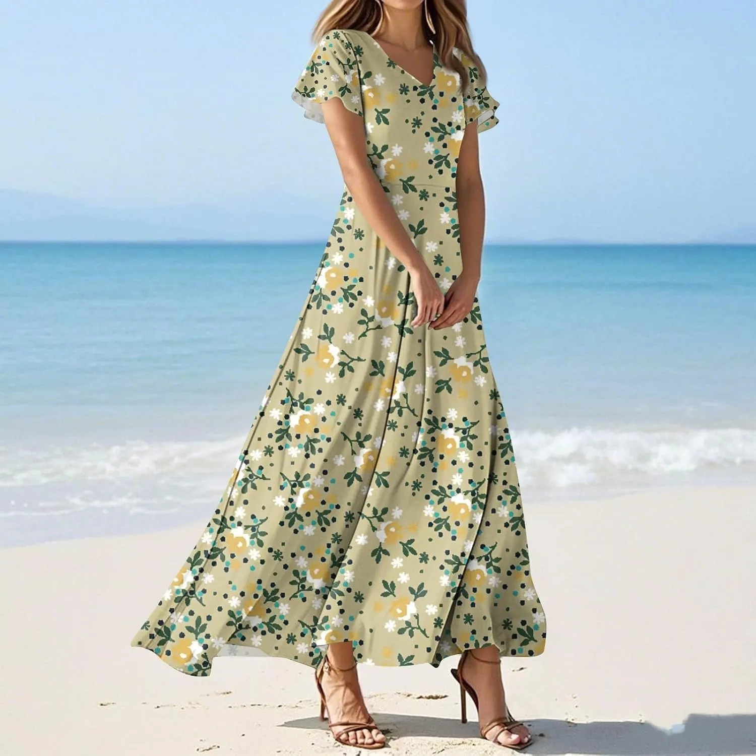 Women's Summer Dress 2025 Short Sleeve V-Neck Boho Floral Printed Flowy Swing Sundress Wedding Guest Dresses