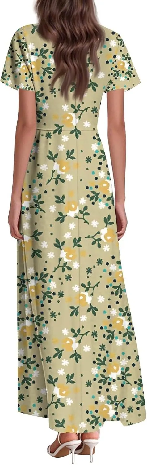 Women's Summer Dress 2025 Short Sleeve V-Neck Boho Floral Printed Flowy Swing Sundress Wedding Guest Dresses
