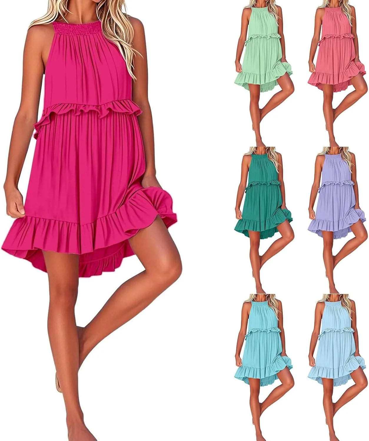 Women's Summer Dresses 2025 Sleeveless Halter Ruffle Hem Mini Short Dress A-Line Flowy Boho Beach Vacation Sundress