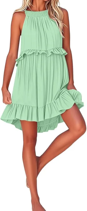Women's Summer Dresses 2025 Sleeveless Halter Ruffle Hem Mini Short Dress A-Line Flowy Boho Beach Vacation Sundress