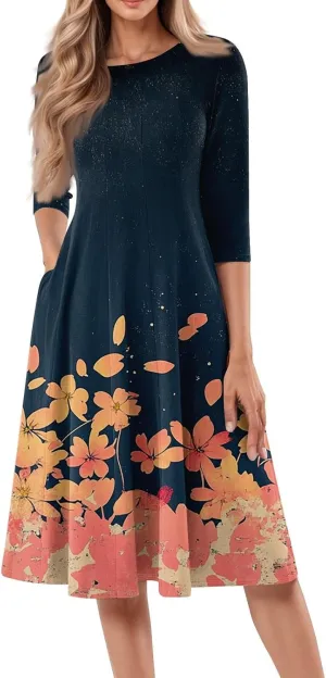 Womens Summer Dresses Beach Round Neck 3/4 Sleeve Midi Dresses A Line Dress Spring Floral Flowy Dress with Pocket