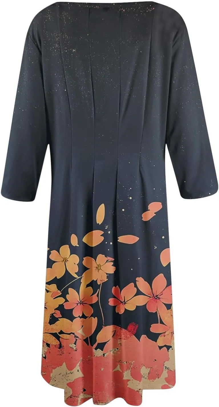 Womens Summer Dresses Beach Round Neck 3/4 Sleeve Midi Dresses A Line Dress Spring Floral Flowy Dress with Pocket