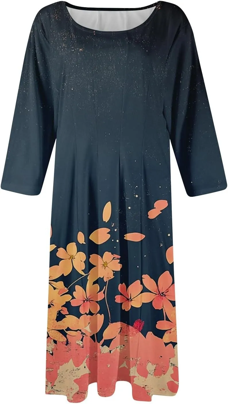Womens Summer Dresses Beach Round Neck 3/4 Sleeve Midi Dresses A Line Dress Spring Floral Flowy Dress with Pocket
