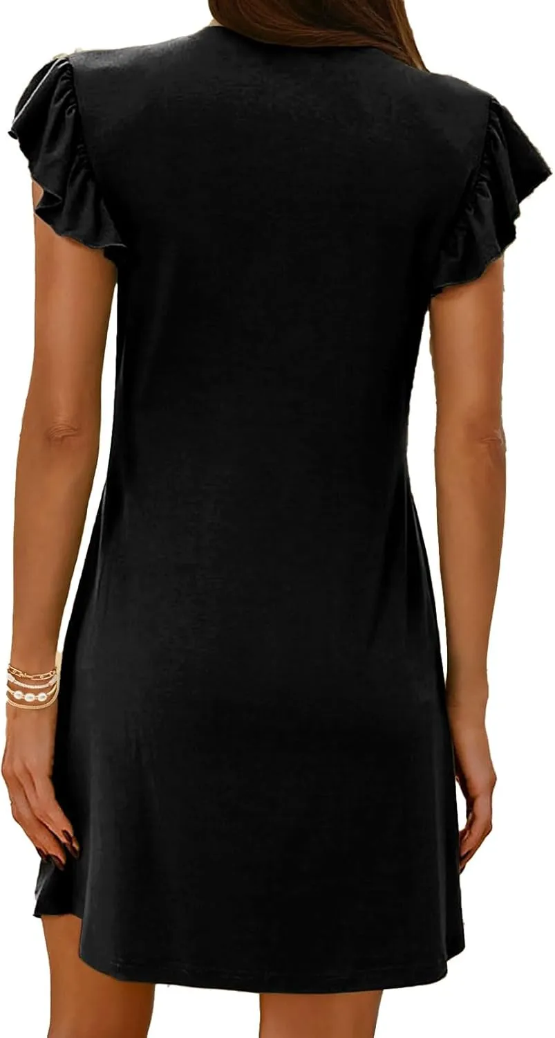 Womens Summer Dresses Casual Deep V Neck Loose Sundress Fashion Ruffle Sleeve Mini Dress Travel Vacation Dresses 2025