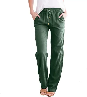 Womens Summer Fashion Linen Cotton Pants Solid Casual High Waist Loose Fit Drawstring Trousers with Pockets