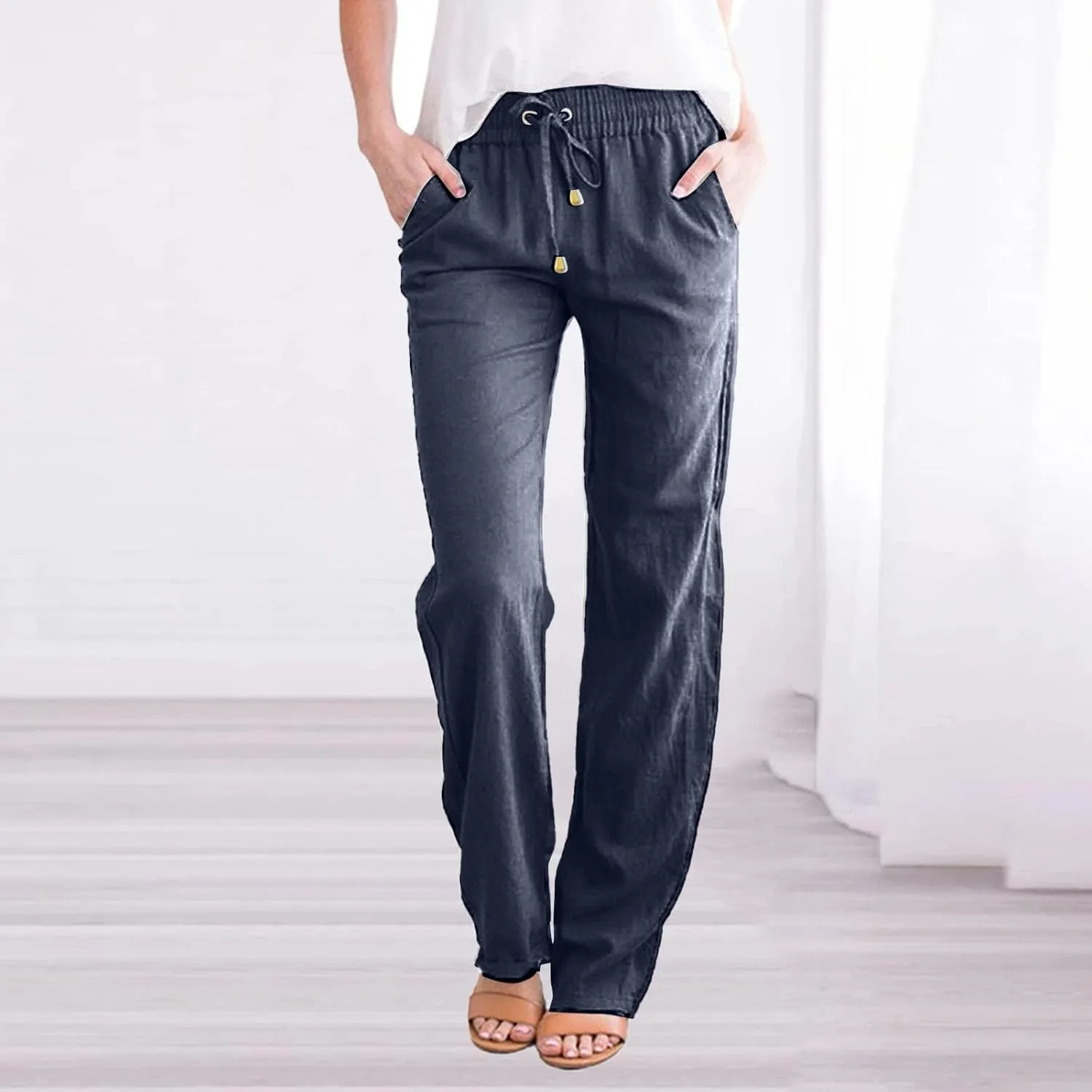 Womens Summer Fashion Linen Cotton Pants Solid Casual High Waist Loose Fit Drawstring Trousers with Pockets