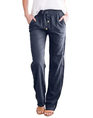 Womens Summer Fashion Linen Cotton Pants Solid Casual High Waist Loose Fit Drawstring Trousers with Pockets