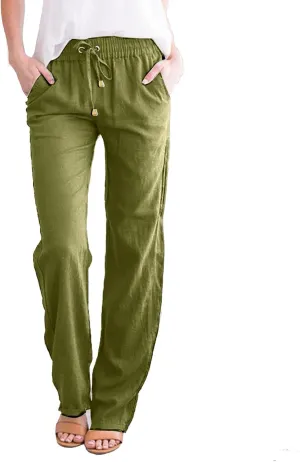 Womens Summer Fashion Linen Cotton Pants Solid Casual High Waist Loose Fit Drawstring Trousers with Pockets