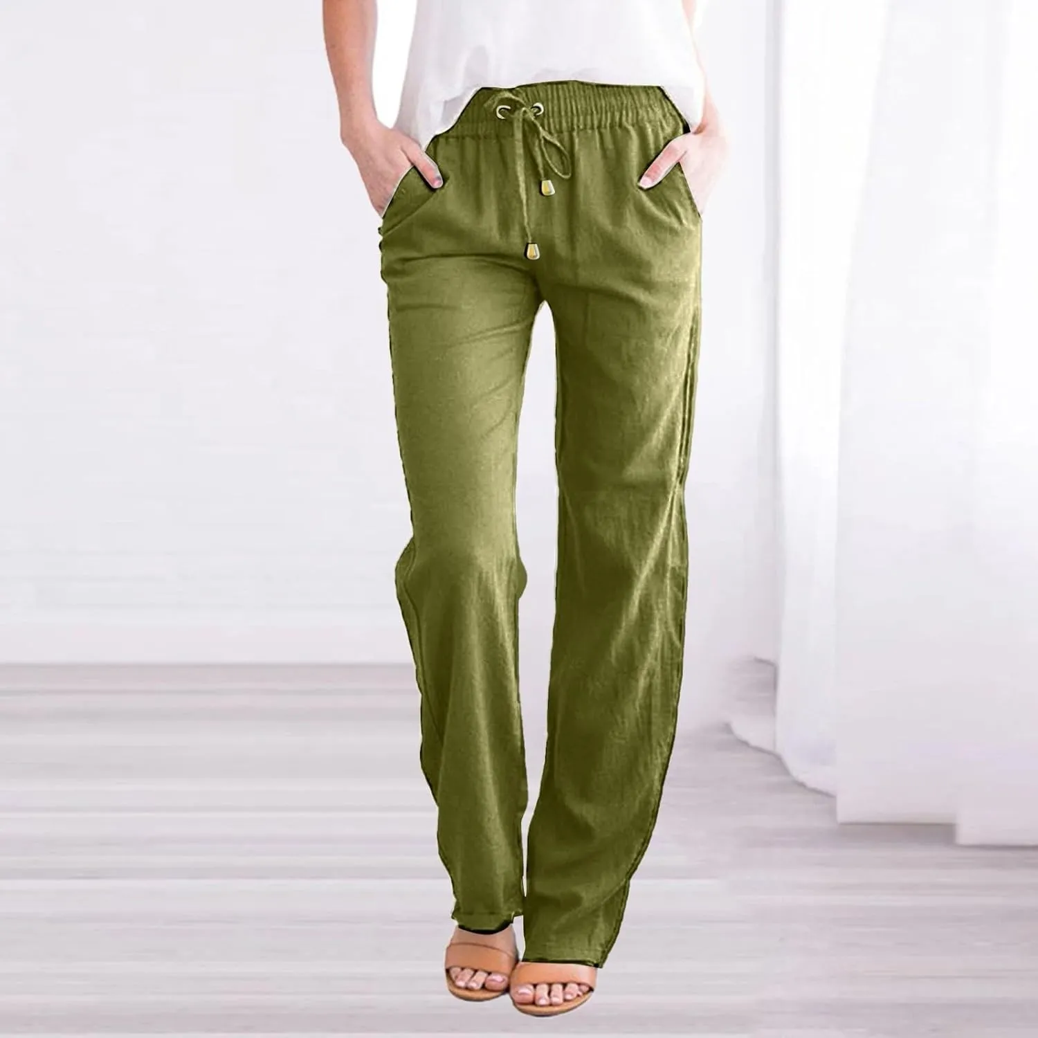 Womens Summer Fashion Linen Cotton Pants Solid Casual High Waist Loose Fit Drawstring Trousers with Pockets