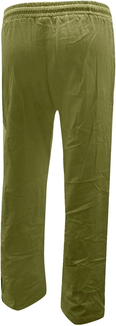 Womens Summer Fashion Linen Cotton Pants Solid Casual High Waist Loose Fit Drawstring Trousers with Pockets