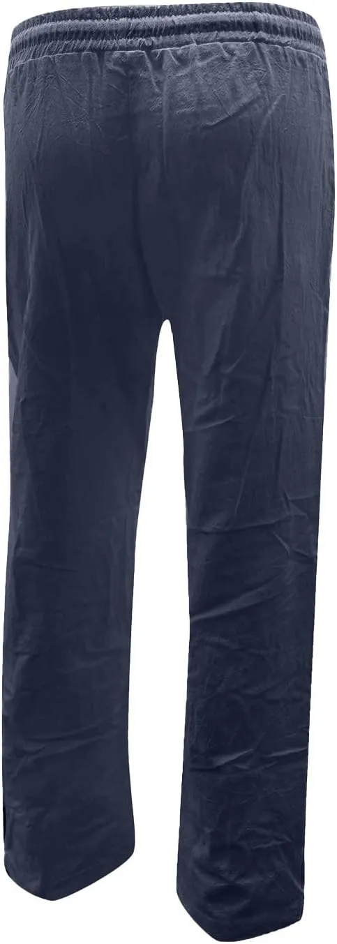 Womens Summer Fashion Linen Cotton Pants Solid Casual High Waist Loose Fit Drawstring Trousers with Pockets