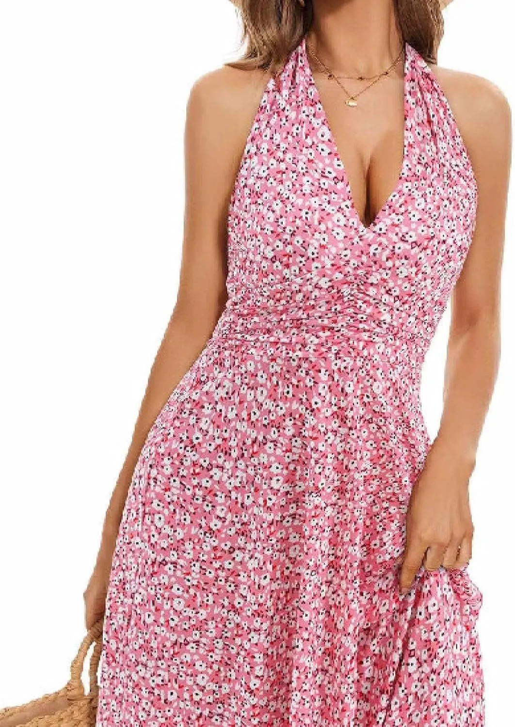 Women's Summer Floral Print Haltter Neck Sleeveless Mini Dress Ruched Waist Ruffle Hem Sundress Vacation Beach Oufits