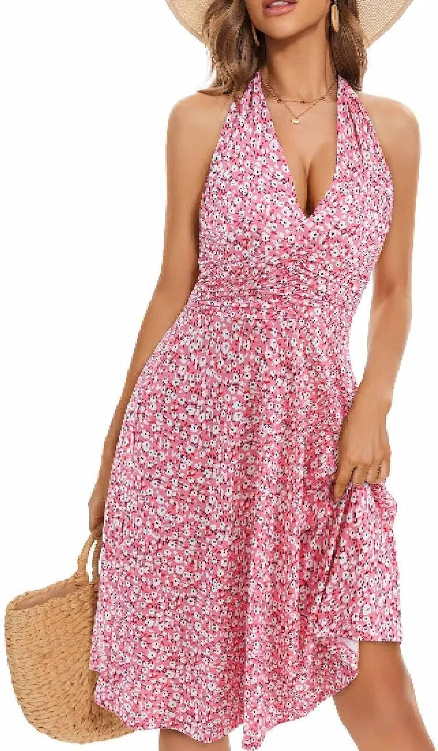 Women's Summer Floral Print Haltter Neck Sleeveless Mini Dress Ruched Waist Ruffle Hem Sundress Vacation Beach Oufits